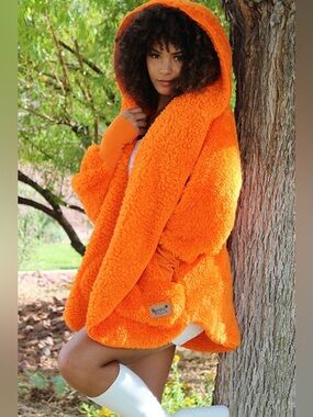 Cozy Plush Hooded Jacket wrap - Orange Nordic Beach